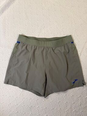 Brooks Olive Green Running Shorts with Blue Logo Accents